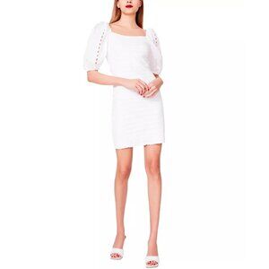 Betsey Johnson Womens White Textured Dress With Lace Puff Sleeves Size L